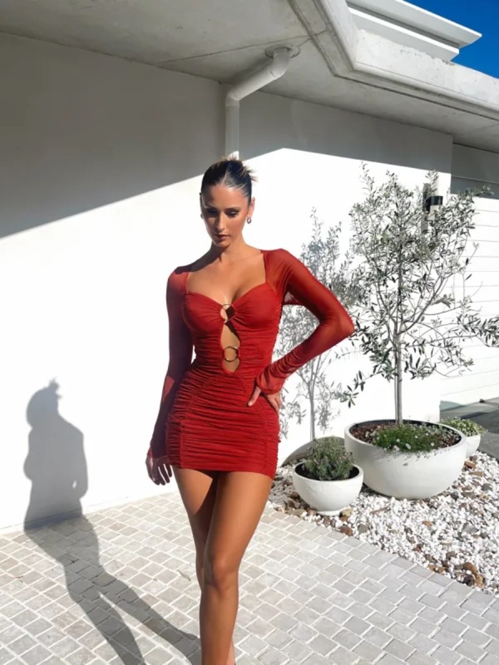 Red Ruched Mesh Sleeve Mini Dress - Outcast Size S NWT